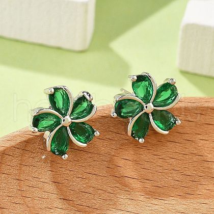 Flower Brass Micro Pave Cubic Zirconia Stud Earrings for Women EJEW-G428-28A-01-1