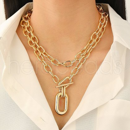 Alloy Double Layered Oval Pendant Necklaces NJEW-Z078-01KCG-1