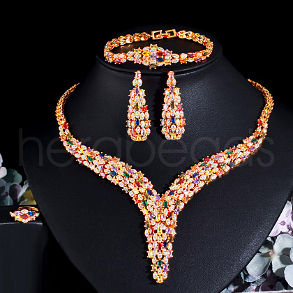 Teardrop Brass Micro Pave Colorful Cubic Zirconia Chain Necklaces & Stud Earrings & Ring & Bracelets Sets FS-WG33E8F-01-1