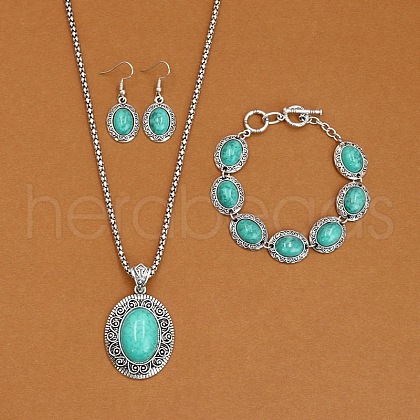 Oval Alloy with Synthetic Turquoise Pendant Necklaces & Dangle Earrings & Link Bracelets Sets WGD1135-09-1