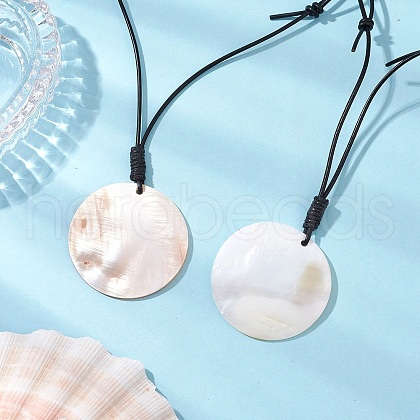 Natural Freshwater Shell Flat Round Pendant Necklaces NJEW-JN05154-1