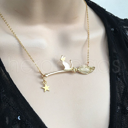 Halloween Alloy White Cat with Broom Pendant Necklaces for Women FS-WGACF10-03-1