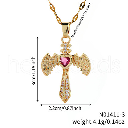 Retro Hip Hop Style Brass Full Rhinestone Heart Wing Sword Pendant Necklaces for Women IJ2885-3-1