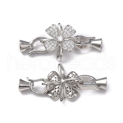 Rack Plating Flower Brass Pave Clear Cubic Zirconia Fold Over Clasps KK-E080-01P-1