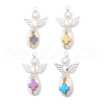 4Pcs 4 Colors Natural Cowrie Shell Copper Wire Wrapped Angel Pendants PALLOY-JF03663-1