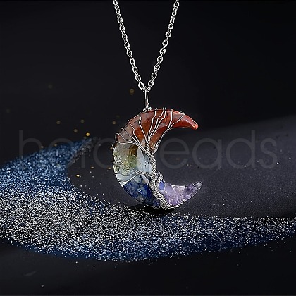 Resin with Gemstone Chip Inside Moon with Tree of Life Copper Wire Wrapped Chakra Pendant Necklaces WGC6175-01-1