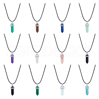 FIBLOOM 12Pcs 12 Styles Double Terminated Pointed Bullet Natural & Synthetic Mixed Gemstone Pendant Necklaces with Wax Cords NJEW-FI0001-44-1