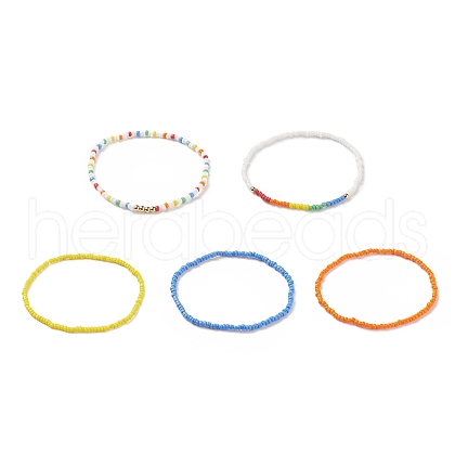 5Pcs 5 Style Glass Seed & Brass Beaded Stretch Bracelets Set for Women BJEW-JB08978-1