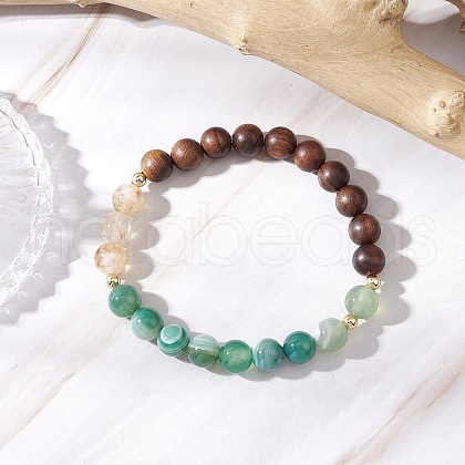 Natural African Padauk Wood & Striped Agate & Citrine Round Beaded Bracelets for Women BJEW-JB11930-01-1