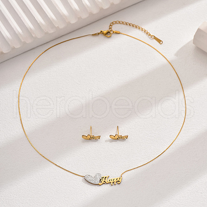 Elegant Vintage Stainless Steel Rhinestone Heart with Word Happy Stud Earrings & Necklaces Set for Women UE7506-1