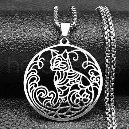 Ring with Cat Shape Pattern 304 Stainless Steel Pendant Necklaces for Men Women NJEW-K283-13P-1