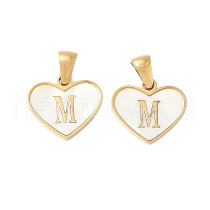 304 Stainless Steel Pave Natural White Shell Heart with Initial Slice Pendants STAS-R168-25G-M-1