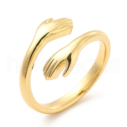 Rack Plating Brass Hand Hug Open Cuff Ring for Women RJEW-E064-04G-1
