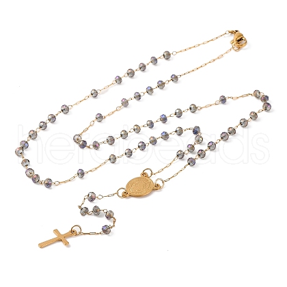 Ion Plating(IP) Crucifix Cross 304 Stainless Steel Rosary Bead Necklaces NJEW-M075-04G-02-1