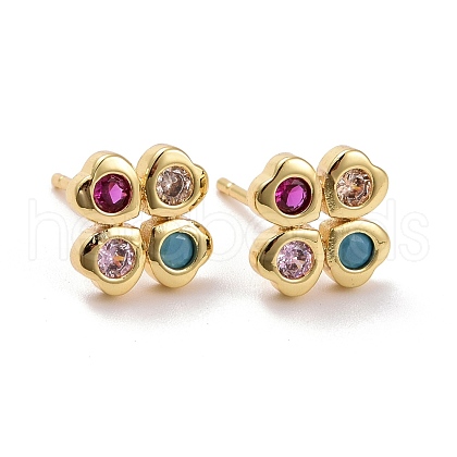 Clover Brass Micro Pave Colorful Cubic Zirconia Ear Studs KK-K258-29G-RS-1
