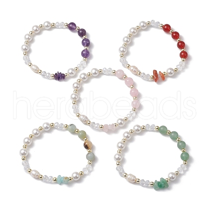 Round Gemstone & Shell Pearl Beaded Stretch Bracelets for Women BJEW-JB10666-1