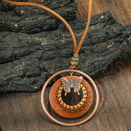Bohemian Alloy & Wood Ring with Butterfly Pendant PU Leather Cord Necklaces for Women FS-WG8596C-08-1