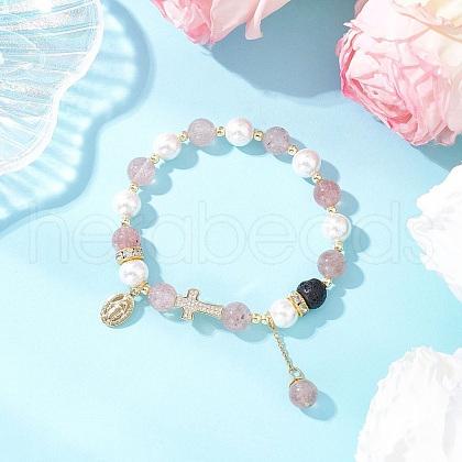 Natural Strawberry Quartz and Shell Pearl Beads Stretch Bracelets BJEW-JB11823-1