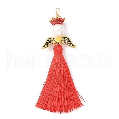 Glass Pearl Round Beaded with Polycotton Tassel Big Pendants PALLOY-MZ00611-02-1