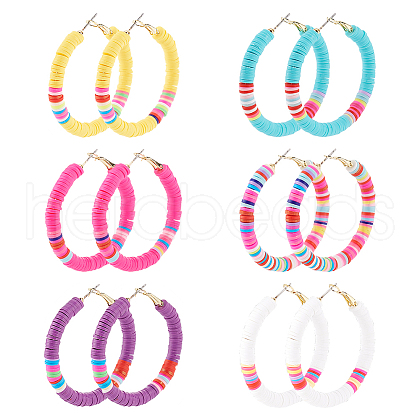 ANATTASOUL 6 Pairs 6 Colors Polymer Clay Heishi Surfer Beaded Hoop Earrings EJEW-AN0002-23-1