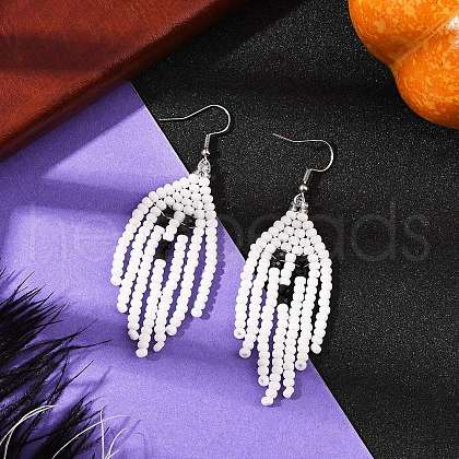 Halloween Theme Ghost Handmade Glass Seed Beaded Dangle Earrings EJEW-MZ00479-1