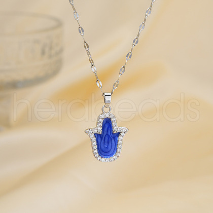 Vintage Brass Pave Clear Cubic Zirconia & Royal Blue Enamel Hamsa Hand Pendant Necklaces for Daily Wear and Holiday Gift CS1559-2-1