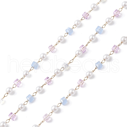 Cube & Round Glass & ABS Imitation Pearl Beaded Chains CHS-P016-43G-01-1
