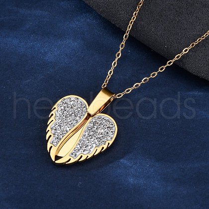 304 Stainless Steel Polymer Clay Rhinestones Wing Openable Pendant Necklaces for Women NJEW-Z065-14G-03-1