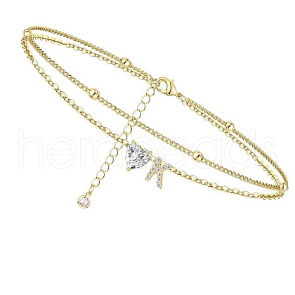 Heart & Letter Brass Crystal Rhinestone Charm Double Layer Anklets FS-WG6749C-11-1