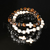 4Pcs Cross Natural Tiger Eye & Howlite & Lava Rock & Black Obsidian Round Beads Stretch Bracelets for Men CT3754-2