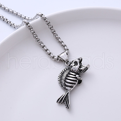 Vintage Punk Stainless Steel Skeleton Fish Pendant Necklaces for Hip-hop Streetwear PZ9152-1
