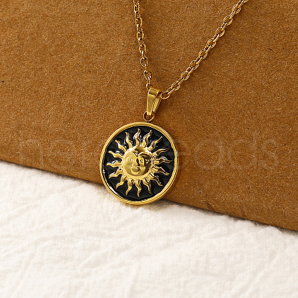 Vintage Real 18k Gold Plated Stainless Steel Black Enamel Pendant Necklaces for Women QI4661-1-1