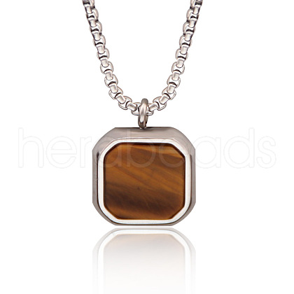 304 Stainless Steel Pave Natural Tiger Eye Square Pendant Necklaces FS-WG8D101-02-1