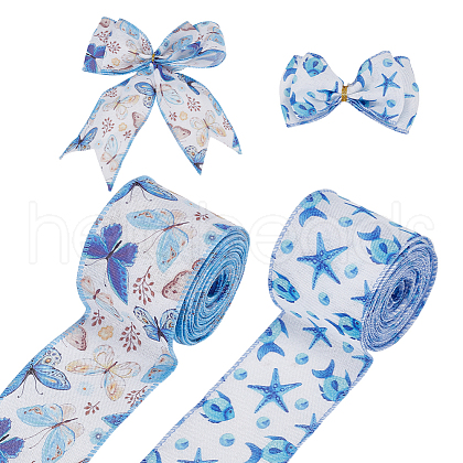 FINGERINSPIRE 2 Rolls 2 Styles Polyester Printed Wired Ribbon OCOR-FG0002-49-1