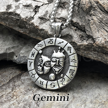 Flat Round with Engraved Twelve Constellation Alloy Pendant Necklace for Women Men WG25F4B-07-1