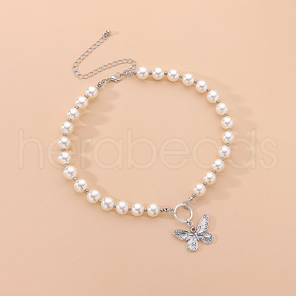 Alloy Butterfly Pendant Plastic Imitation Pearl Beaded Necklaces for Women FS-WGADDC6-01-1