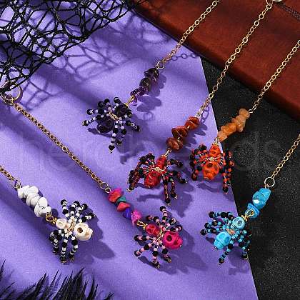 Halloween Theme Spider & Skull Dyed Synthetic Turquoise & Glass Seed Beads Pendant Decorations HJEW-MZ00282-1
