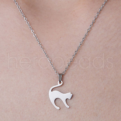 201 Stainless Steel Cat Pendant Necklace NJEW-OY001-06-1