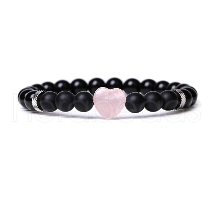 Natural Rose Quartz & Glass Heart Beaded Stretch Bracelet PW-WG20984-04-1