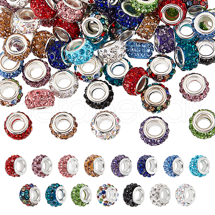 Unicraftale 75Pcs 15 Colors Polymer Clay Rhinestone European Large Hole Beads with Silver Color Plated Brass Cores FIND-UN0015-84-1