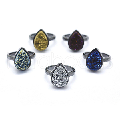 Electroplate Natural Druzy Quartz Crystal Finger Rings RJEW-I055-B-RS-1
