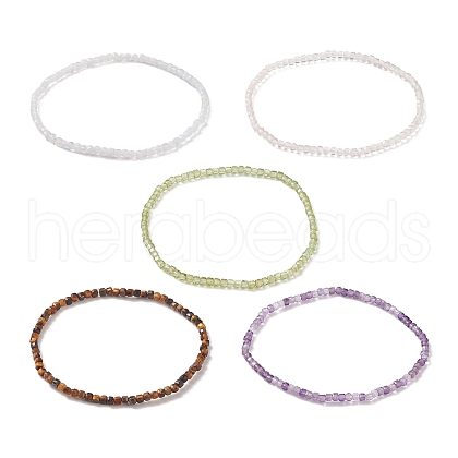 Natural Gemstone Cube Beaded Stretch Bracelet for Women BJEW-JB08975-1