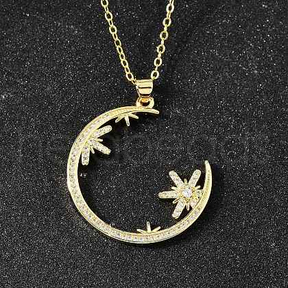 Brass Micro Pave Clear Cubic Zirconia Flower Moon Pendant Necklaces for Women NJEW-D311-02C-G-1