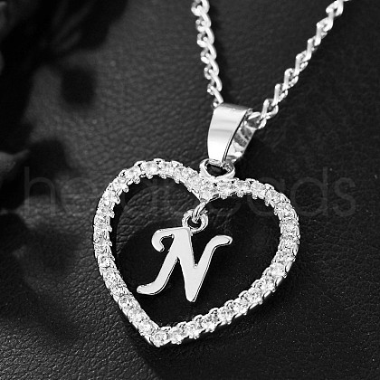 Brass Micro Pave Clear Cubic Zirconia Hollow Heart with Initial Pendant Necklaces WG4069A-19-1