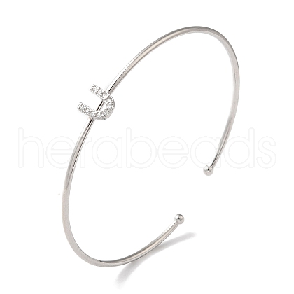 Rack Plating Brass Micro Pave Clear Cubic Zirconia Letter Open Cuff Bangles BJEW-A018-01P-U-1