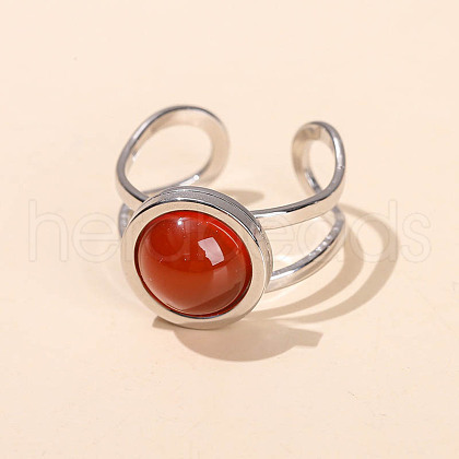 304 Stainless Steel & Natural Red Agate Cuff Rings FS-WGDE3F0-06-1