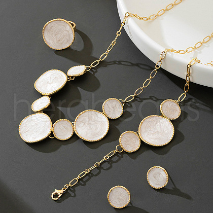 Flat Round Alloy Enamel Pendant Necklaces & Stud Earrings & Rings & Link Bracelets Sets FS-WG42433-01-1