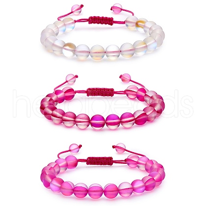 3Pcs Round Synthetic Moonstone Braided Bead Bracelets BJEW-SW00061-05-1