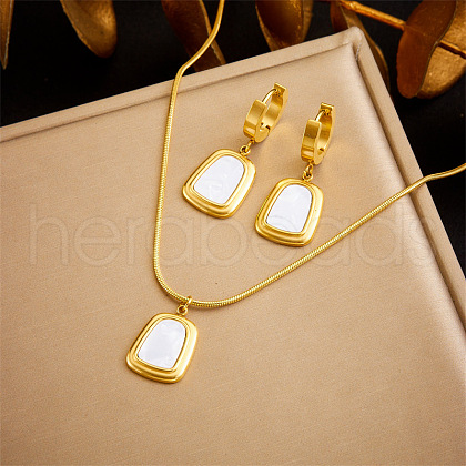 Trapezoid Stainless Steel with Natural Shell Pendant Necklaces & Hoop Earrings Sets WG9CFB5-02-1