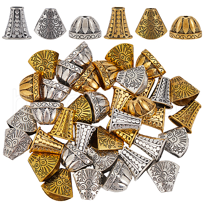 SOFPLATE 48Pcs 6 Styles Tibetan Style Alloy Beads Cones & Caps FIND-SP0001-61-1